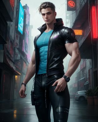 absurdres, masterpiece, highres, intricately detailed, (cyberpunk), a gay man, sexy, muscular, strutting outdoors, gorgeous eyes, detailed face, pouring rain, outdoors, global illumination, subsurface scattering,