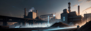 There is a picture of coal mining?Blue?There is a mining machine on it, industrial photography, glowing blue interior components, promo image, railgun, Industrial Party, Industrial Light & Magic, industrial lighting, industrial machinery, Profile image, high-quality photo, steel mill, blue metal, advertising photograph, promo art, Blue light shines, Factory background, Documentary Photo, industrial background