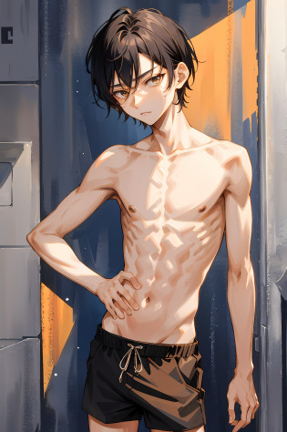 1 boy, short, 16 years old, very skinny, weak build, bright, pretty face, street style, street style, looking at the viewer, black hair, coma hair, brown eyes, dark brown long hair, upper body, (shirtless), shorts, very detailed eyes, graphic design, masterpiece, shirtless, skinny, punctual orange color