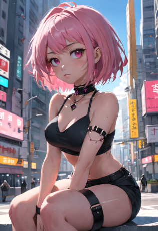 A woman with pink hair and a black shirt sits on a city street?Traffic light in background, Art germ, Anime art, Cyberpunk art of a, Photorealism, 1girll, bangs, Bare_bshoulders, black_choker necklace, Breasts, bridge, brown_Eyes, Building, choker necklace, City, Cityscape, crop_Top, jewelry, Looking_at_peeping at the viewer, Makeup, midriff, navel, necklace, Pink_Hair, short_Hair, side-tie_Panties, Sitting, Skirt, skyscraper, Solo, tanks_Top