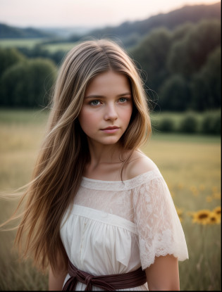 Immerse yourself in the colourfully world of **Title: �Innocence Unveiled� Prompt: In the quiet and idyllic landscapes of rural Normandy, France, a young girl stands as the focal point of a captivating photograph. Captured closeup through the lenses of modern digital cameras, this extraordinary image is the result of an extraordinary collaboration among renowned photographers: David Hamilton, David Bailey, Leah Robinson, Rory Lewis, and Sally Mann. The girl, a embodiment of youthful innocence, radiates an aura of simplicity and purity as she gracefully interacts with her surroundings. Dressed in a charmingly rustic attire, she stands amidst a backdrop of rolling hills, blooming meadows, and traditional French farmhouses. The soft morning light illuminates her golden locks and porcelain skin, casting a delicate glow upon her features. David Hamilton�s artistic touch adds an ethereal quality to the photograph, enhancing the girl�s dreamlike presence in the scene. His signature soft-focus technique creates an impressionistic atmosphere, blurring the line between reality and imagination. The image reflects the tender nostalgia and romanticism often associated with Hamilton�s work. On the other hand, David Bailey�s expert eye for capturing raw emotion brings a sense of immediacy and authenticity to the photograph. He freezes a fleeting moment, revealing the girl�s natural charm and charisma. Bailey�s sharp focus and dynamic composition highlight her genuine expressions, capturing the essence of her spirit and joie de vivre. Leah Robinson, known for her exceptional storytelling through portraiture, incorporates her distinctive style into the collaboration. Her keen attention to detail and ability to evoke narratives through her subjects creates a deeper connection between the girl and the viewers.