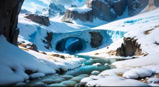 drawing inspiration from the world of anime and the aesthetics of modern cinema. Paint a vivid picture of an awe-inspiring background set against the backdrop of a glacier. Picture the glacier as a testament to nature's raw beauty, adorned with exposed rocks that add an element of ruggedness. At the heart of this majestic scenery, imagine a narrow stream, barely two feet wide, gracefully flowing out of a massive prominent foreboding ice cave. Snowbanks gracefully flank the stream on both sides, while a prominent snowbank in the foreground adds depth to the composition. Employ lighting techniques that accentuate the texture and details of the rocks, casting intriguing shadows that enhance the overall atmosphere. Infuse the color palette with a sense of coolness and tranquility, inspired by the pristine arctic environment. Optimize the camera settings to capture the breadth and grandeur of the glacier, utilizing a wide-angle lens and positioning the camera to showcase the delicate stream as it emerges from the cave and into the vastness of the icy landscape.