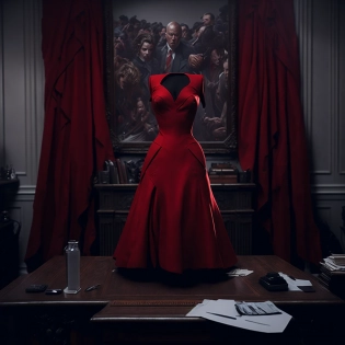 photo of revealing red dress draped over the side of wood desk, white house oval office interior, f2. 8