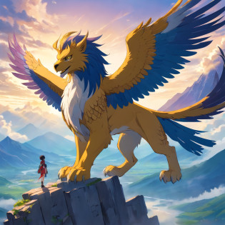 Gryphon, mythological creatures, Majestic, Powerful wings, Lion body, Eagle head, Fierce gaze, Sharp claws, feater, Golden beak, Large size, Flying, Mountains, Cloudy sky, Ancient ruins, Fantasy realm, mythological landscape, Epic, magical, mythological creatures, mythological beasts, Fierce, Mythical monsters