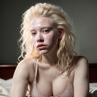 Portrait of a beautiful 30-year-old woman with a beautiful and perfect face, (albino girl), big cheeks, albino pubic hair, albino eyebrow, albino skin, messy long albino hair, in panties, wet with sweat, lying in bed, crying, reddened nose and cheeks, (dark private office, melancholic dark light: 1.2)