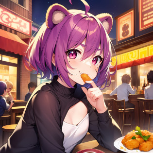 1girl, solo, animal ears, pose, happy, smiling, fangs, purple bear ears, purple hair, ahoge, bangs, short hair, original character, pink eyes, magenta eyes, red eyes, multicolor eyes, short hair, wavy hair, swept bangs, small breasts, flat chest, bear ears, tired, sleepy, bags under eyes, beauty mark, young, loli, short eyebrows, bar, nighttime, bar background, smug, drunk, laughing, flushed, blushing, smirk, full face blush, doyagao, :3, >:3, red face, >///<, drunk, food awe, food, looking at food, star pupils, awe, food, fried chicken, food plate, tempura