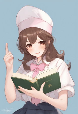 (Daisaku),(Need),(Super meticulous),(full bodyesbian:1.2),1girll,tchibi,adolable,ssmile,open-mouth smile,Light blue background,Raise your right hand,Holding pencil in hand,Holding a book in his left hand,music,Pink berets,Manteau,The shirt,short detailed hair,green headwear,Blurred,brunette color hair,longer sleeves,By bangs,Earphone,brunette color hair,(beautiful  detailed face),(???????),