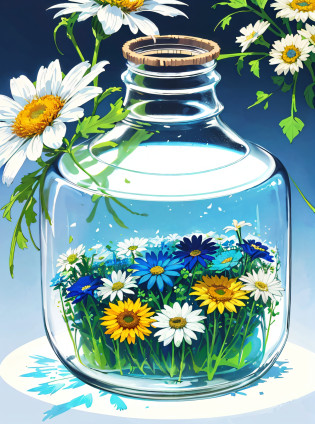 (empty glass container in the shape of a jar with flowers and meadows inside: 1.3), [(( 1 girl: 1.4) white hair in a blue dress sitting on the flower meadows): 0.3], masterpiece, of the best quality, very detailed, small dickey in the middle