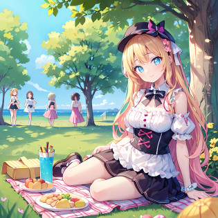 masterpiece, (2girls and 2girls and 2girls and 2girls at picnic), idol, big eyes, kawaiitech, kawaii, cute, pastel colors, best quality, happy, deep background, symmetrical, tilted head, summer