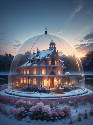 on a snow globe There is a large glass building with many flowers in front of it, Kew Mystic Gardens, Directed by: Bruce Munro, em estufa de flor, botanic garden, eden at dawn, inspirado em Bruce Munro, O Grande Templo das Flores, exterior botanical garden, lindo iluminado, brilho quente das luzes, botanico, estufa de vidro, enorme estufa, C�pulas Neon City, glass domes, e a grama desce em sua base, visto de longe em cima de uma mesa de madeira.