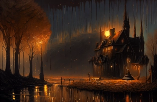 painting of a house in the middle of a lake with a light on, beautiful art uhd 4 k, dan mumford paint, dan mumford and thomas kinkade, dan mumford and albert bierstadt, fantasy painting hd, detailed painting 4 k, in the style dan mumford artwork, painting by dan mumford, epic surrealism 8k oil painting, beautiful oil matte painting