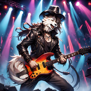Numerous award-winning masterpieces of?best qualtiy?Highest high resolution?Official fine art?trends in art station?On a flickering stage?Intense lights cast dazzling light?Music fills the air?The twisted sound of the guitar instantly ignited the passion of the scene?

Standing in the center of the stage is a passionate rock dog?It is tall on the skull?Wearing a shiny black fur hat?The cool black leather jacket sets off the strong figure and smart muscles?There is a metal buckle on the chest?Twinkle with rock 'n' roll light?

Rock dog standing?legs separated?Muscle tightness?Cool bend knees?Although no one sees?But there is no doubt about it?Its claws are creating a powerful energy resonance with the ground?

The rock dog has a blazing red electric guitar in his mouth?It opens its lips?The wildest barking penetrates the pinnacles of music?Bring a strong shock and impact?Without hesitation?It plays twisted notes hard?The muffled sound of drums and hissing strings?Pushed the scene to a crazy climax?

The long hair of a rock dog dances to the rhythm of the music?Form a black waterfall?It adds to the atmosphere of the theater?Its eyes flashed with fiery sparks?Full of confidence and wildness?

Behind the picture?A huge metal letter hangs above the stage 