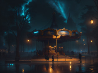 Escena nocturna de un carrusel en un parque con gente caminando, inspirado por Raphael Lacoste, Ilustraciones de fondo, Martin Raphael Lacoste, Arte conceptual Ambiente impresionante, Estilo de Rafael Lacoste, inspirado por Michael Komarck, carrusel, por Cynthia Sheppard, por Eugeniusz Zak, por Aleksander Gierymski, por Arthur Pan, por Yang J