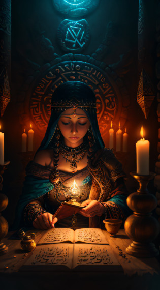 ((masterpiece)), ((best quality)), 8k, high detailed, ultra-detailed,
Isis chanting incantations on her altar, surrounded by mysterious magical runes and shimmering light. In her hand, she holds an ancient scroll, inscribed with endless wisdom and magical secrets.