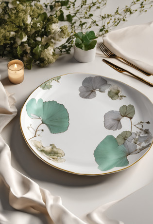 There is a bone china plate?Ginkgo biloba chart?Bone china plate design artwork?Modern artwork?top views?Best results?artwork of a?best qualtiy,8K,3D?Color decoration?top Quority?the detail?