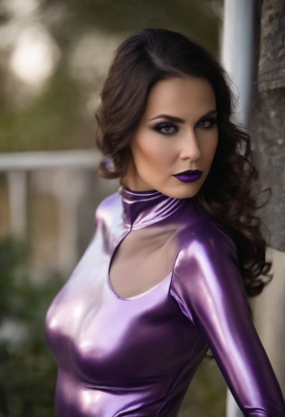 Arafed woman completely ,Tenue sexy, latex, Chlorure de polyvinyle, cuir, simili-cuir, fille sexy aux yeux bleus, ultra realist, Meticulously detailed, Scarlet portrait, cheveux blonds et grands yeux, selfie of a young woman, Yeux de chambre, Violet Myers, sans maquillage, maquillage naturel, looking straight at camera, Visage avec Artgram, Maquillage subtil, Superbe photo de tout le corps , dans la chambre, Medium to large bust, yeux bruns, Souriant, Allalyn en costume de chat violet brillant assis par terre, latex brillant, Porter une tenue en latex Atsuko Kudo, wear a tight suit, peau pourpre lisse, Corps violet, shiny metallic glossy skin, plastique brillant, Costume futuriste en latex brillant, Armure en plastique brillant, peau brillante et brillante, tight full body suit, Porter du latex, shiny and metallic, violet brillant, brillant?ouvrir les jambes?Jambes en forme de M?Expressions of anger?maussaderie