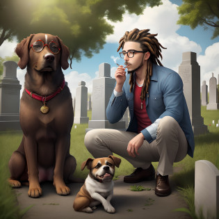 Create a realistic image of a bespectacled man smoking with Rastafarian marijuana hair in a cemetery with a dog on the side