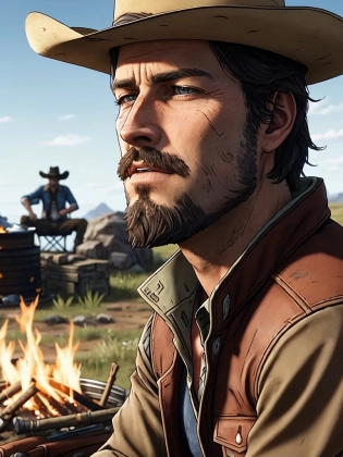 three-quarter close-up portrait of 28 year old mancowboy sitting by a campfire on the prairie| western| key visual| highly detailed| breathtaking beauty| comprehensive cinematic| best quality| ultra sharp focus| borderlands