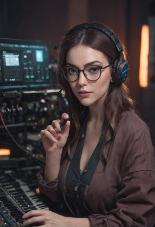 The bespectacled Alafard woman sits on the mixer and the mixer, , big breasts, alena aenami and artgerm, Sispo, alena aenami and android jones, artgerm julie bell beeple, girl in studio, Ross Tran 8 K, author?brandon woelfel, hq artwork, jen bartel, cyber punk style