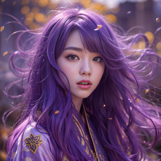 Genki Girl 32K?tmasterpiece?k hd?hyper HD?32K?Long flowing bright purple hair?Autumn Pond?zydink? a color?  Asian people ?Genki girl?? ?Silk scarf?? Combat posture? looking at the ground? long whitr hair? Floating bright purple? Fire cloud pattern gold tiara? Chinese long-sleeved gold silk garment? ?Abstract metaverse splash?1.2?? white backgrounid?Lotus Vitality Protector?realisticlying?1.4??Bright purple hair?Smoke on the road?The background is pure? A high resolution? the detail? RAW photogr? Sharp Re? Nikon D850 Film Stock Photo by Jefferies Lee 4 Kodak Portra 400 Camera F1.6 shots, Rich colors, ultra-realistic vivid textures, Dramatic lighting, Unreal Engine Art Station Trend, cinestir 800?A girl with flowing bright purple long hair