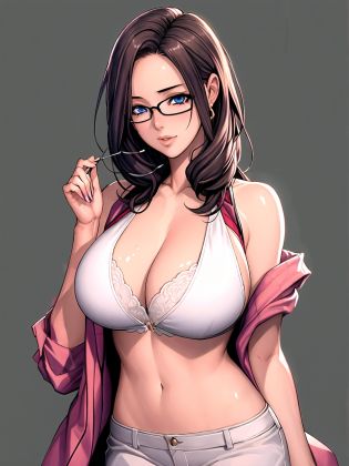 1girl, black background, blue eyes, brown hair, cleavage, collarbone, eyewear removed, glasses, hair behind ear, holding, holding eyewear,huge breasts,solo, jacket, jewelry,mature female,shiny,shiny skin,oda non