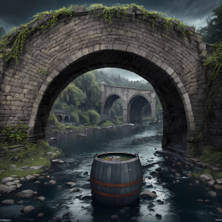 Computer, Extensive ultrasound photography (general view, bridge 1: 5, Scale, realistic fantasy, ultradetail, volumetric, detailed clarity, general view, detailed gloomy landscape bridge arch, under the bridge, computer accuracy, 1: 2, 8kk. In the foreground is a large beer barrel, a large stone bridge, a bridge arch, gray, swamp colors (ultradetailed), a bridge arch, under the bridge there is a bank, steps, a web under the pavement, a large wooden barrel (1: 2),  Wood (Ultradetail), Bridge Arch, Stones, River, Dark, Gloomy Colors, Horror, Magic(Best Quality), 4K, Ultra Detailed, (Dynamic Composition: 1.4), High Detailed, Colorful Details, (Gloomy Colors: 1.2), (Luminous Lighting, Atmospheric Lighting), Cold, Gloomy, Magical