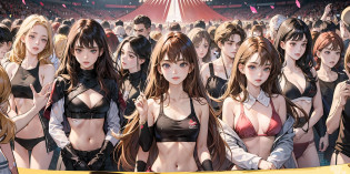 {{Teenage female, caucasian, hundreds of girls, thousands of girls, millions of girls, multiple girls, many girls, only girls, crowd shot}}, looking at viewer, hazel eyes, extremely detailed, brown hair, blonde hair, red hair, black hair, pink bikinis, matching bikinis, identical bikinis, crowd of girls, girls partying, happy, best quality, high quality, extremely detailed anime screencap
