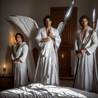 Archangel Michael and two heavenly angels guard in the bedroom of a house, at night, side of someone's bed sleeping, angels standing next to each other, many angels, angels protecting family, large white wings, holding flaming sword, white robe, around heavenly flames, Jamie Dornan Archangel Michael, wearing short black beard, focus on the details of the face,  Coming out happy rays, serious and attractive man, wearing white robe, magical and real effect, movie cover, with magical light explosions, powerful celestial warrior, similar to actor Jamie Dornan, picture background inside a house in the bedroom, (8k, RAW photo, best quality, masterpiece: 1.2), (realistic, photorealistic: 1.37), professional lighting.