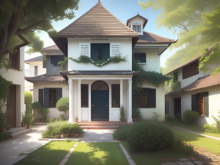 there is a small house with a brown roof and a white door, colonial house in background, frontview, outside view, exterior view, centre image, front-view, front view, side view from afar, seen from outside, front side view, frontal view, front side, museum, villa, old building, village house, with vegetation