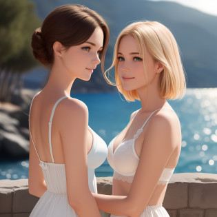atural light, top quality, masterpiece, illustration, very delicate and beautiful, highly detailed, CG, unity, 8k wallpaper, amazing, detailed, masterpiece, top quality, official art, highly detailed CG Unite 8k wallpaper, silly, incredibly silly, huge file size, super detailed, high resolution, highly detailed, beautiful detailed girls, highly detailed eyes and faces, beautiful detailed eyes, (RAW photos , best quality), (realistic, photorealistic: 1.3), light on face, masterpiece, best quality, full body,m(full body shot:1.3), portrait of 2 girls, (russan girl), (16 years old), (detail face and eyes), (smile:1.2), blonde heir, (see-through summer dress with leace trimmed under bra and pantie), (one dress is emeald green, another dress is white), (off-sholder), (they play sexual hanky-lanky:1.5), (looking face each other:1.2),(backgraund Aegean Sea side:1.5 )