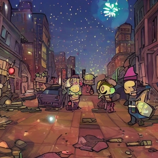 a night filled with sparkles with people in the ruined streets of civilization