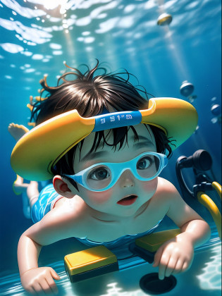Children with swimming goggles dive in the light blue pool?The water is crystal clear?