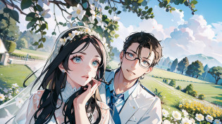 obra-prima, melhor qualidade, 2others, casal, 1man com 1woman, height difference, feliz, amor, sorriso, romantico, casamento, noivo e noiva, smokin azul royal, ela com vertido de noiva, paisagem cheia de flores, jardim, margaridas, testa, There's a man with glasses, light brown hair and royal blue suit and a beautiful woman with long light brown hair dressed as a wedding who hug, Directed by: Nandor Soldier, Lovely couple, casal feliz, casamento, Foto de perfil do headshot, retrato de casal, crescimento de um casal, imagem de perfil, imagem do avatar, imagem de qualidade muito alta, foto do perfil, retrato de casais, foto do perfil, retrato de alta qualidade, They are in love in a garden of white daisies