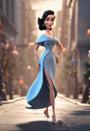 Full length image of a tal white hungarian woman from the 1950s, with a chanel black hair, dark brown eyes, blush, wearing a blue strapless dress and high heels. She's standing with the right hand on the waist and waving the left hand, 3d render, Disney Pixar style, ::n_bad anatomy, mutation, mutilation, deformity, poorly drawn, extra arms, extra legs, missing arms, missing legs, mutated hands, mutated feet, fused fingers, extra fingers, long neck, disfigured features, gross proportions, asymmetrical, blurry, ugly, extra eye, missing eye, deformed skull, malformed limbs, mutated mouth, missing teeth, extra teeth, malformed teeth, gross, disgusting, deformed spine, distorted bones, missing bones, out of frame, low resolution, low quality, normal quality, jpeg artifacts, signature, watermark, username, text, error, missing components, extra components, cropped, worst quality, low-res, bad proportions