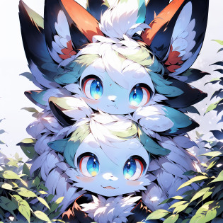 red fox?Canidae??male people?1.5??????1.6??Real facial features?largeeyes???Black sclera?1.6??? blue color eyes?Water spirit eyes?large tail?small-nose?Cute mouth?cute  face?White all over?large ear?There was a small tuft of yellow hair on the top of his head?Happy expression?solid color backdrop?Reallightandshadow?Simple painting style background