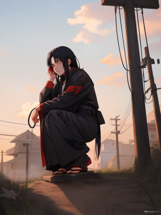 Naruto?uchiha itachi?Uchiha Itachi crouched on a telephone pole