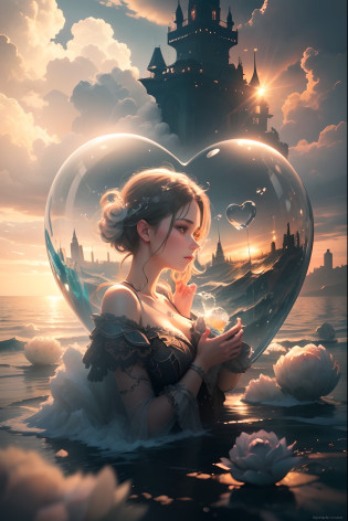 lovely double exposure image by blending together a man and a woman a stormy sea and a heart inside a glass mind. The sea should serve as the underlying backdrop, with its details subtly incorporated into the glossy glass mind, sharp focus, double exposure, glossy glass mind, (translucent glass figure of an heart) (sea inside) lifeless, dead, glass mind, earthy colors, decadence, intricate design, hyper realistic, high definition, extremely detailed, dark softbox image, raytracing, cinematic, HDR, photorealistic (double exposure:1.1), many more small hear shaped water drops.