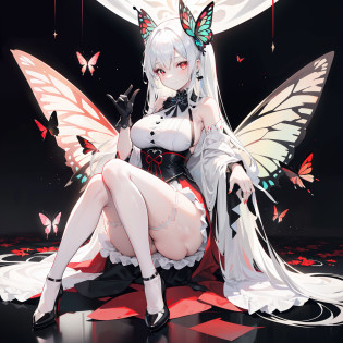 Royal Sister?White waist-length hair?Dignified and elegant?Hair has black dye?white dresses?Black silk long gloves?Black lace lining?Huge body-sized multicolored red butterfly wings like flames?black sash?Black one-piece stockings?White heels?Insect antennae?Red butterfly wings with black spots?Sit among secluded flowers?black lence stockings?great outdoors?fresh flowers?Kind smile?Big Sister?A happy expression?Happy smile?Huge slender butterfly wings?White moonshine temperament?White loose dress?white dresses?white dresses?It has huge red flecked butterfly wings?It has huge red flecked butterfly wings?It has huge red flecked butterfly wings