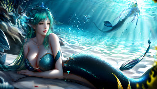 8K?Exquisite?masterpaintings?High detail?Semi-realistic?1?Giant Breast Girl??mermaids?2??fish scales?1.8???Cinematic CGI?Professional Quality?8K????high-definition?wide wide shot?Lighting style?Cellar lighting?len Brown?super detailed and realistic?The scene depicts an aesthetic underwater environment?Mainly Cthulhu-style beauties lying on the reef?Her dark green hair turned into the tentacles of jellyfish?A ray of sunlight shines on her face with a combination of the Tyndall effect and diffuse reflection?Girl with WeChat on her face?Liu Yifei?The camera focuses on the girl's facial features?a backdrop of?Scattered around are perfectly shaped mermaids?Huge sea serpents and deep-sea fishmen loom in the distance?Chaotic seaweed?Blood rose from the bottom of the sea?