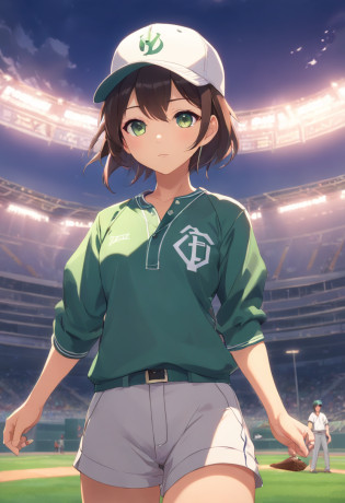 thick chest:1.3)?(?masterpiece?top-quality:1.4)?(Beautiful fece?Aesthetic?flawless?delicate?Convoluted:1.2)?1???Adults(elvish:0.7)male people?hair is short?Shaved head?dark brown eyes?Wearing a baseball cap?with round face????The upper part of the body?looking-down??????Pose throwing a baseball?Green Baseball Uniforms?ornamented?dynamicposes?Inside the baseball field?Dramatic lighting?epic atmosphere?