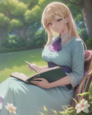 A beautiful female is reading a book under a tree in their backyard. The painting is anime, professionally color graded, 8k HDR, vivid, bright, anime faces, hyper resolution, depth of field, and created by Artgerm, Greg Rutowski, and Alphonse Mucha with volumetric lighting. The painting has very bright colors and uses anime faces.