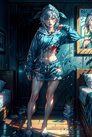 (full body:1. 5), dynamic pose, bedroom, gawr gura, (blue hoodie, shark hood, sharp teeth, shark tail), (toned stomach), (beautiful detailed eyes, symmetrical eyes), dynamic lighting, (realistic, photo-realistic:1. 4), (photon mapping, physically-based rendering), 8k, best illumination, hyperrealism, photography, <lora:add_detail:1>, <lora:gura:1>, <lora:koreanDollLikeness:0. 5>