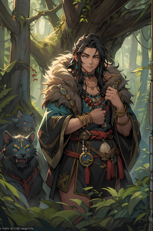 ?1 Northern Boys?Animal fur clothing?Norse primitives??Anatomically correct, Solo, shaman, Nature, Healer, Round ears, wild hairs, Dark black hair, Unkempt hair, pretty eyes, Long bead necklace, Bead bracelet, trinkets, Vines in hair, Thick body, Wide body,Fantasy setting, Outdoor activities in a dream forest, Ancient ruins, Magic the Gathering, dungeons and dragons, character concept, character art, Character portrait, Cartoon, Best quality, Best resolution, 4K, Vivid colors, Vivid, High detail, best detail, confident pose, extrovert, look from down, Serious expression