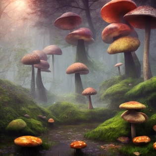 a misty swamp with many colorful giant mushrooms, at night, (many trees), beautiful lighting, fantasy colors, (vivid colors), highly detailed, octane render, 4k, trending on artstation, deviantart featured