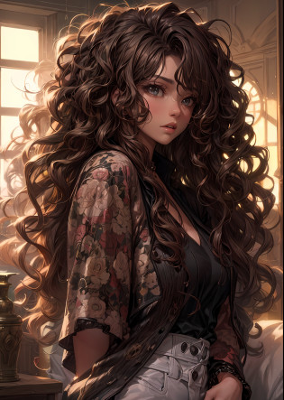 a close up of a woman with long curly hair wearing a jacket, long curly brown hair, long curly hair intricate, brown curly hair, long messy curly hair, flowing massive hair, curly brown hair, long curly hair, curly long hair, curls hair, long brown puffy curly hair, curly haired, ornate hair, curly blonde hair | d & d, curly hair