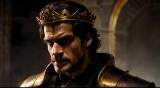 Arafed man in a golden garment with a crown on his head, man with a crown, old medieval king, portrait of an old medieval king, portrait of old medieval king, handsome man, Henry Cavill as a Greek god, Henry Cavill as a warrior, attractive man in armor, wearing a crown and green cape, portrait of Henry Cavill,  Rendered in Corona