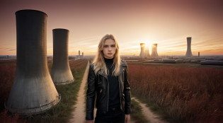 BOYS 14 YEARS OLD, PORTRAIT, WITH LONG BLOND HAIR, WITH BLACK LEATHER JACKETS AND BLACK CLOTHING, nuclear power plant with radioactive barrels in a field, nuclear wasteland, nuclear waste, post-nuclear fallout, future of nuclear energy, nuclear fallout, radioactive wasteland, nuclear energy, nuclear power, nuclear reactor, nuclear aftermath, post-nuclear, nuclear power plant, nuclear, radioactive particles,  nuclear art, toxic waste, polluted, radioactive peak field, pollution, RED BACKGROUND.