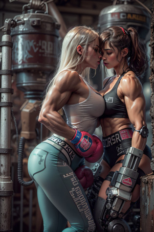 ((two girls)) ((girl 1, sexy, busty, muscle, boxing, girl, with one robotic arm and robotic torso)) ((girl 2, sexy, busty, muscle, boxing, girl, with one robotic arm and one robotic leg)), the two are in a grungy Wearhouse they are kissing and embracing sharing tender and erotic moment, NSFW, topless, Brest grab, focus on their heads