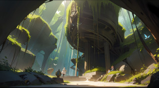 UHD, retina, masterpiece, ccurate, anatomically correct, textured skin, super detail, high details, high quality, award winning, best quality, highres, 8k,huge dark underground cavern, The bright rays of the sun shine through the large holes in the ceiling to illuminate the floor of the cave, there are many plants on the floor when the sunlight shines, beautiful flowers bloom, the grass and undergrowth like a green carpet create a beautiful scene, there is a table and chairs in the middle, a life-size doll of a girl in a beautiful snow-white dress sits on a chair, On the table are decorated with flower arrangements, underground cavern, dark cave, girl doll, doll, dazzling light, summer sunlight, streaks of light, birds, butterflies, sunlight filtering through trees, entangled in grass, covered with vines and leaves, flowers blooming, stairs of light, round table, in the darkness at the back of the cave a huge combat robot opens chest armor and shows the cockpit in the fuselage, complex machines, biomechanics, robots, tanks,