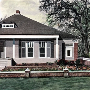 Realistic architectural rendering of a family home in the 1960s, with a pitched roof, the exterior is made of brick, with large windows, the entrance is is centrally located and marked by a porch with a flat roof, the building has 2 stories, the house is surrounded by a green lawn and white picket fences